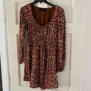 Elegant Floral Long Sleeve Dress in Brown and Purple